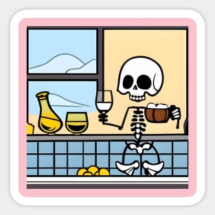 Skeleton in kitchen drinking wine and eating Sticker